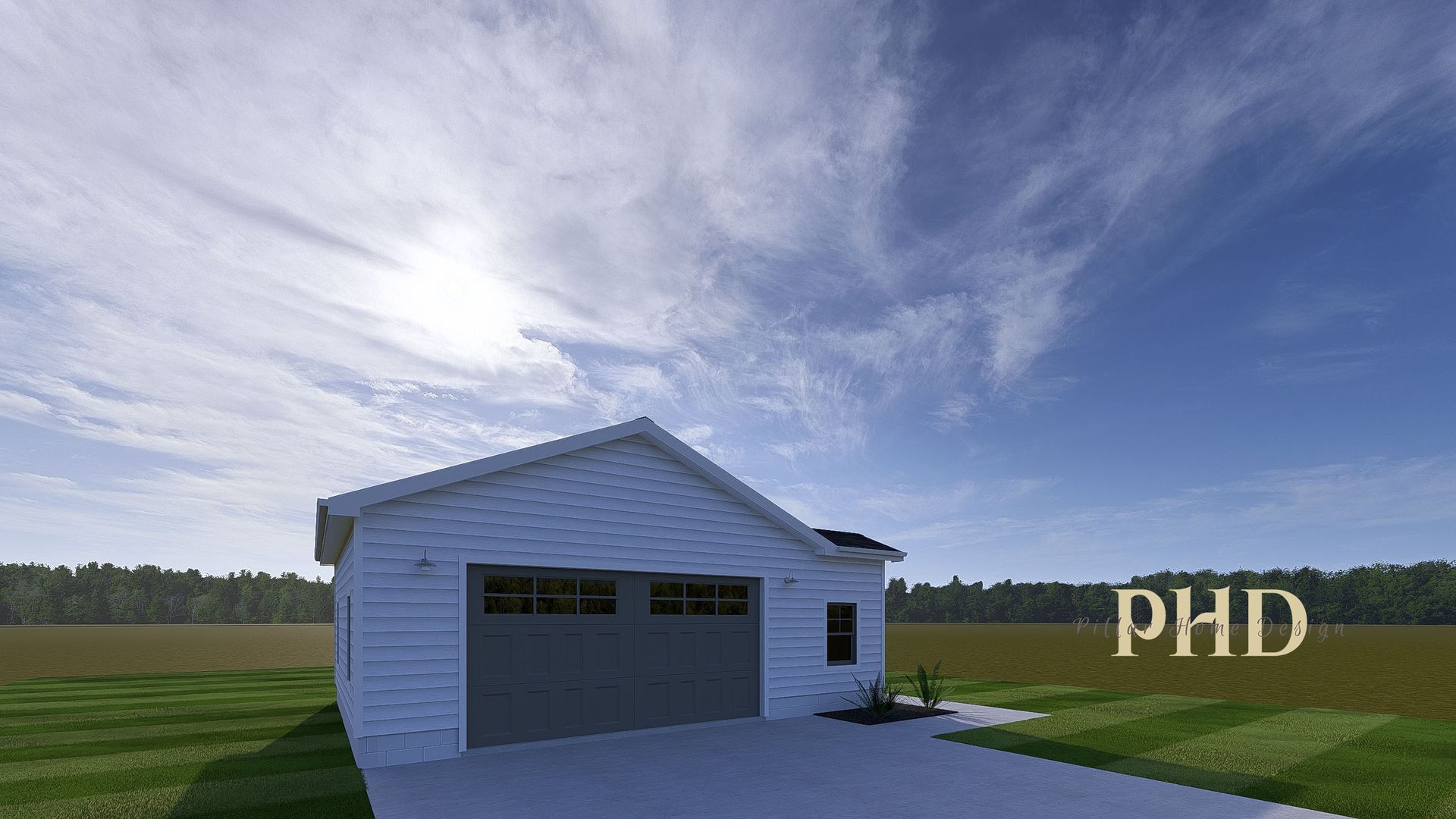 White garage/shed with a gray door on a concrete pad in a grassy field under a cloudy sky.