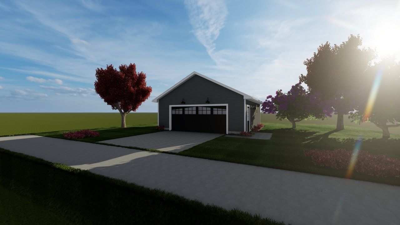 A 3d rendering of a garage with a driveway and trees in front of it.