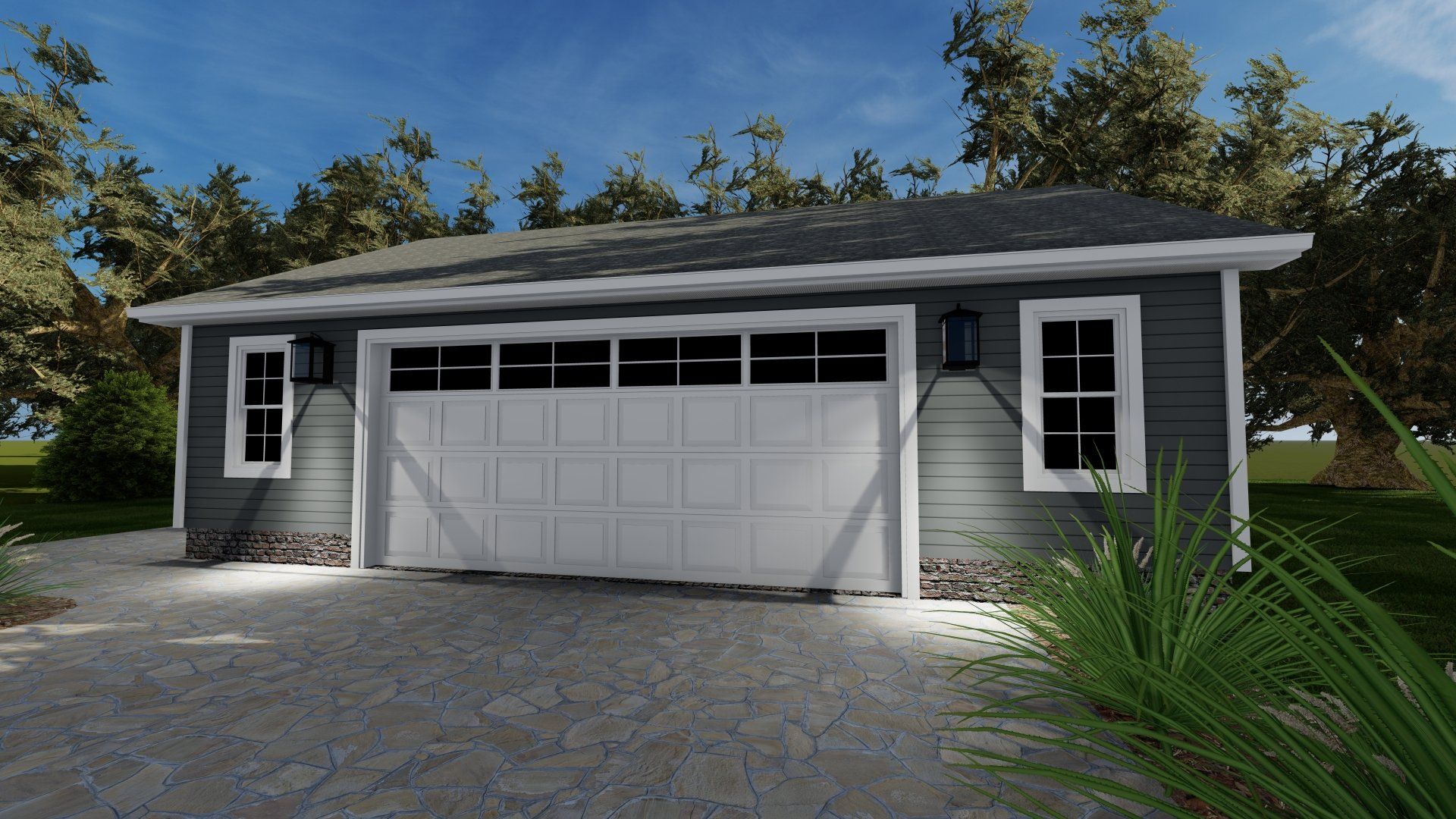 A rendering of a garage with two garage doors and two windows.