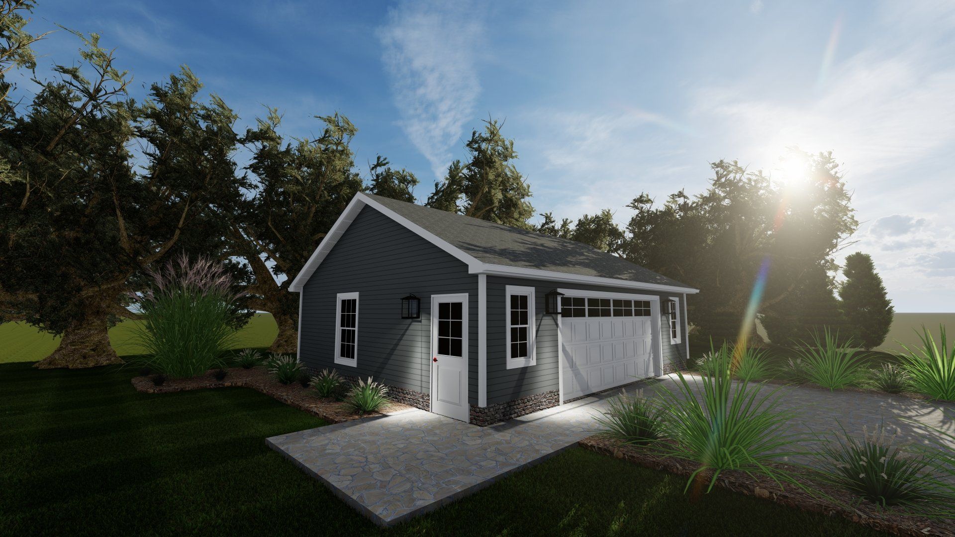 A small house with a garage and a driveway in front of it.