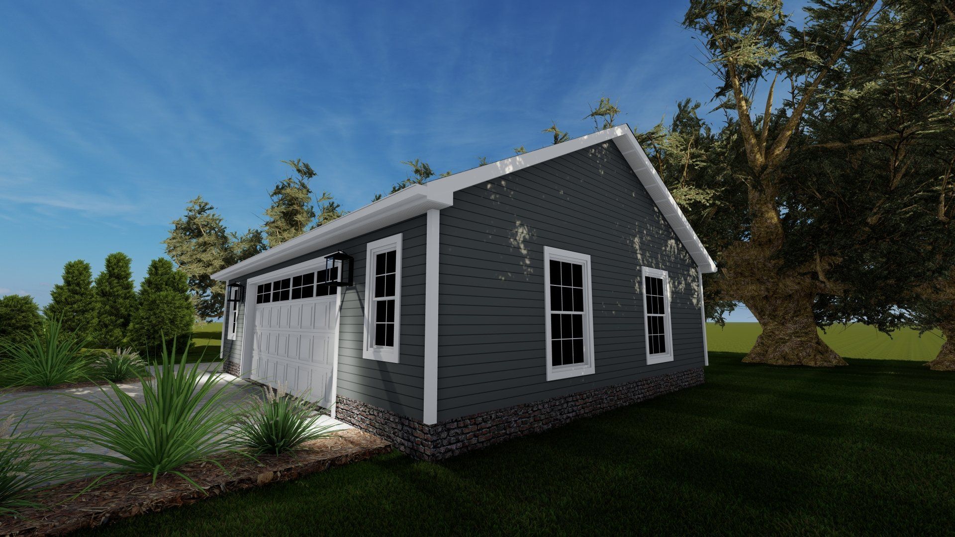 A 3d rendering of a small house with a garage and trees in the background.