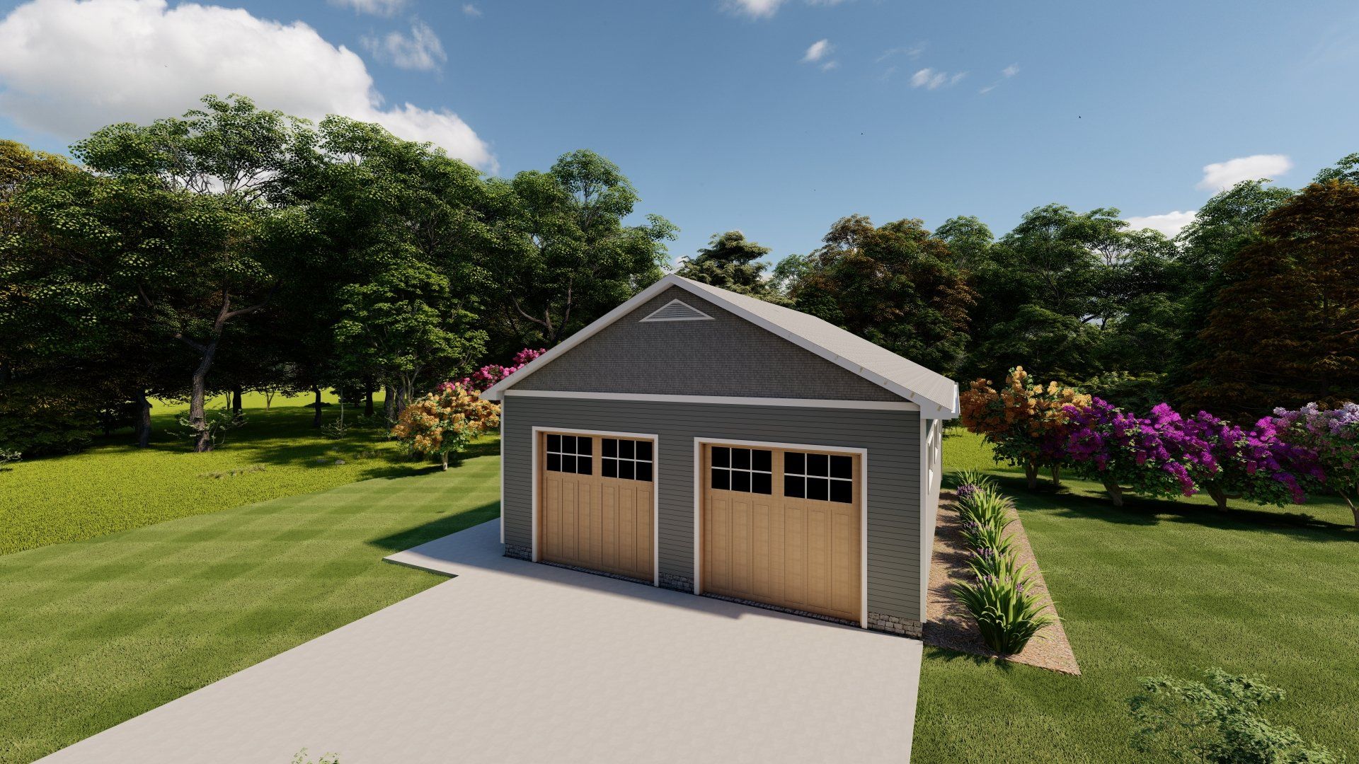 A garage with two doors is sitting in the middle of a lush green field.