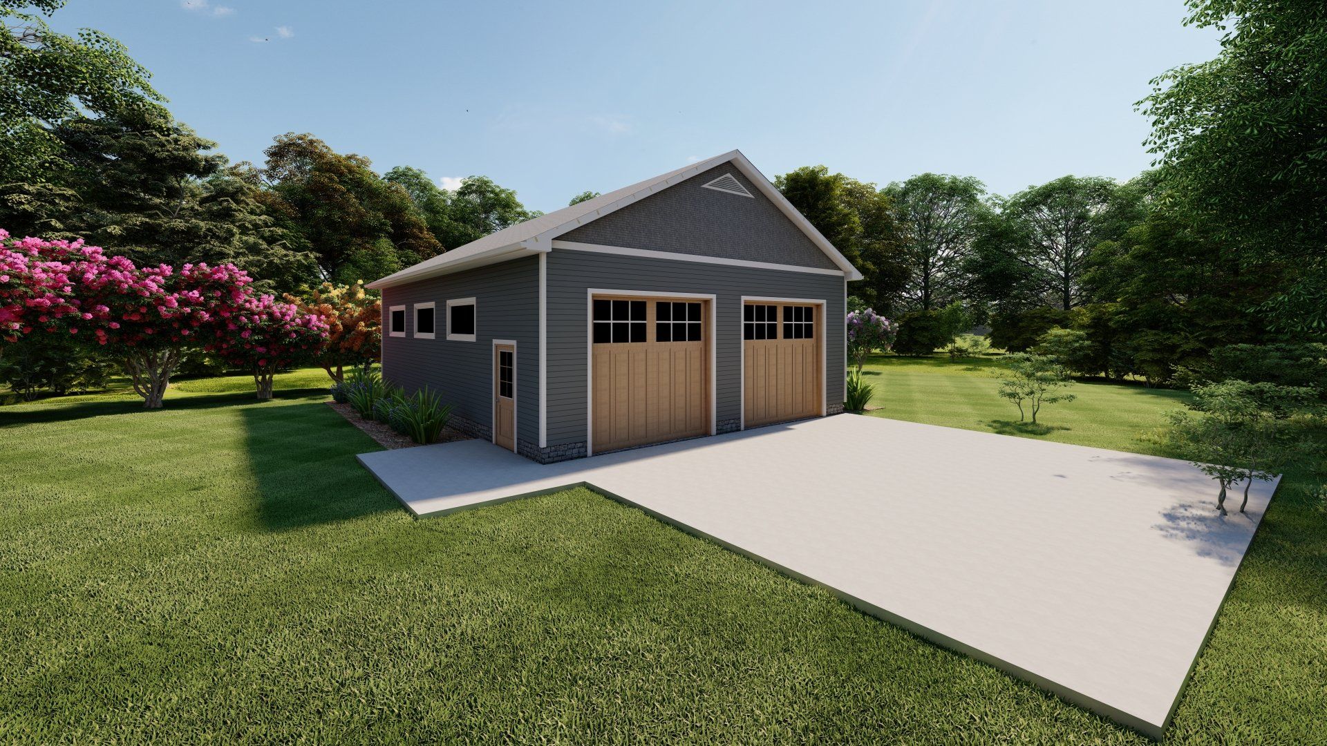 A garage with two garage doors is sitting in the middle of a lush green field.