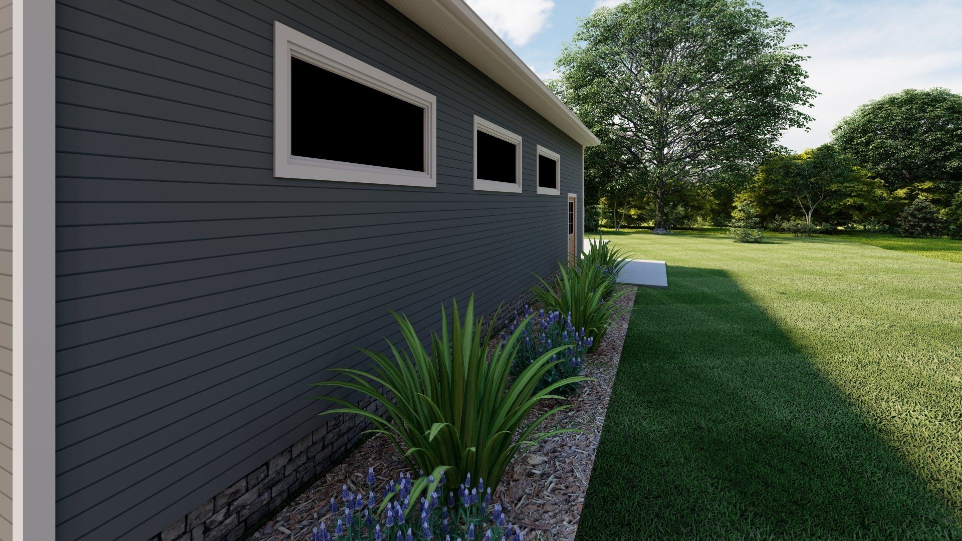 A rendering of a house with a lot of windows on the side of it.