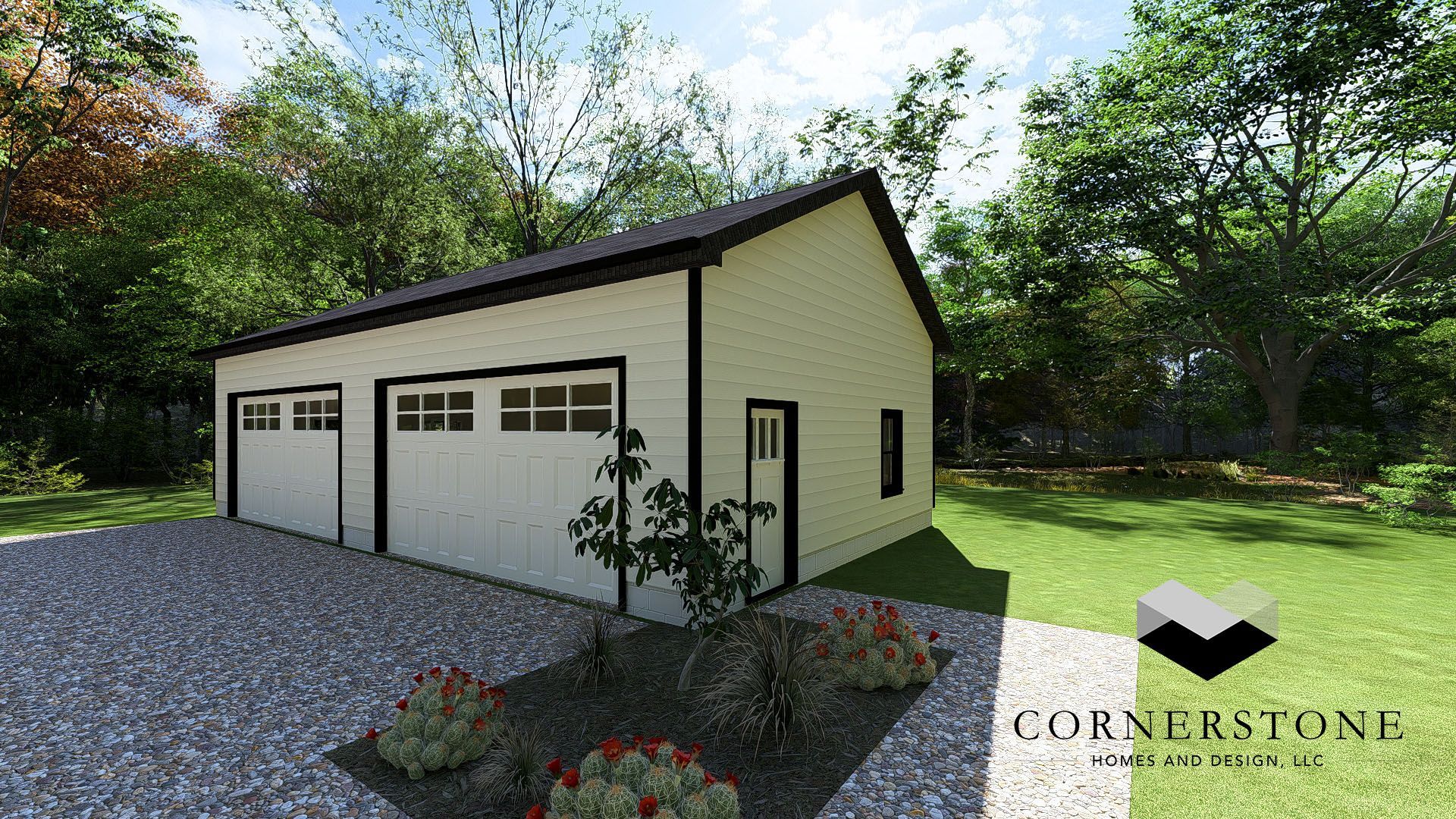 Exterior rendering of a beige two-car garage with gravel driveway and trees around it