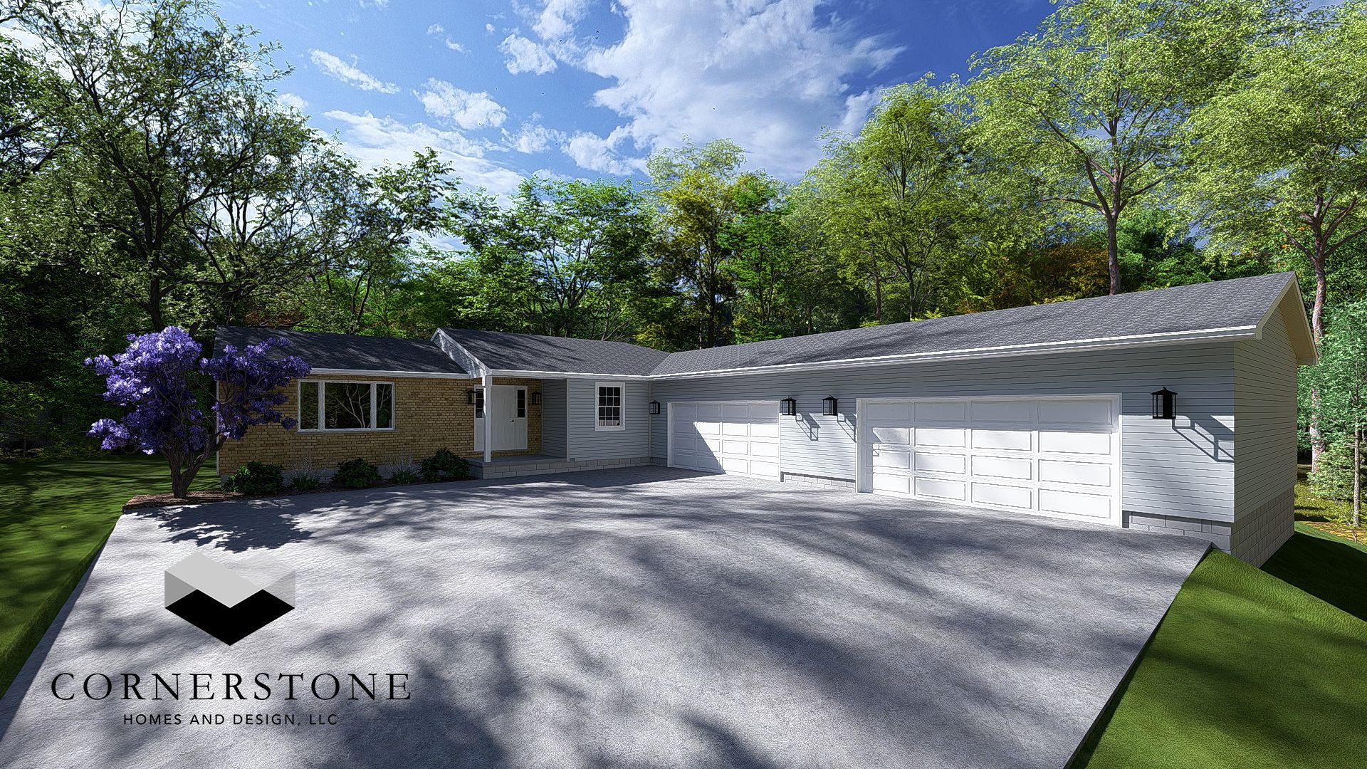 Modern single-story house with white garage doors, gray roof, and landscaped driveway under trees and blue sky