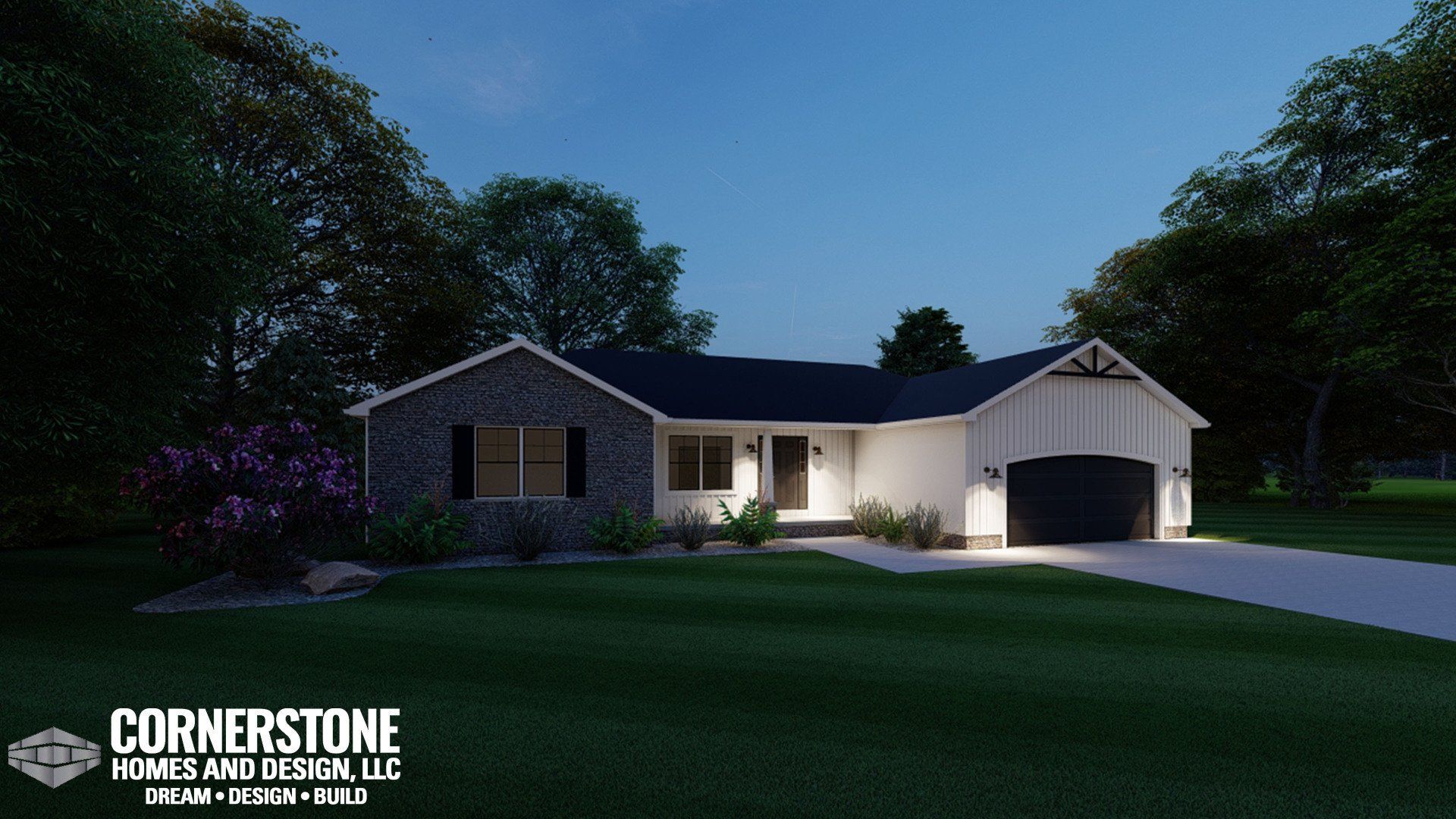 A house with a black roof and a garage is sitting on top of a lush green field.