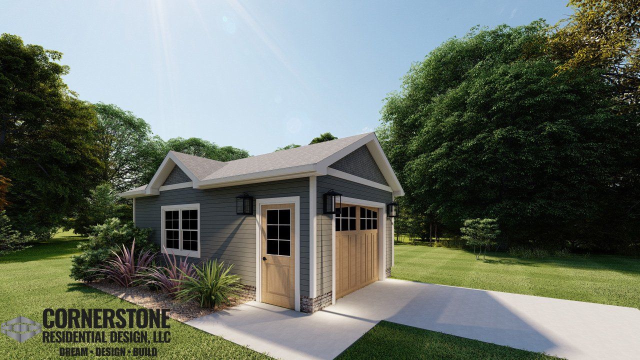 A small house with a garage is sitting in the middle of a lush green field.