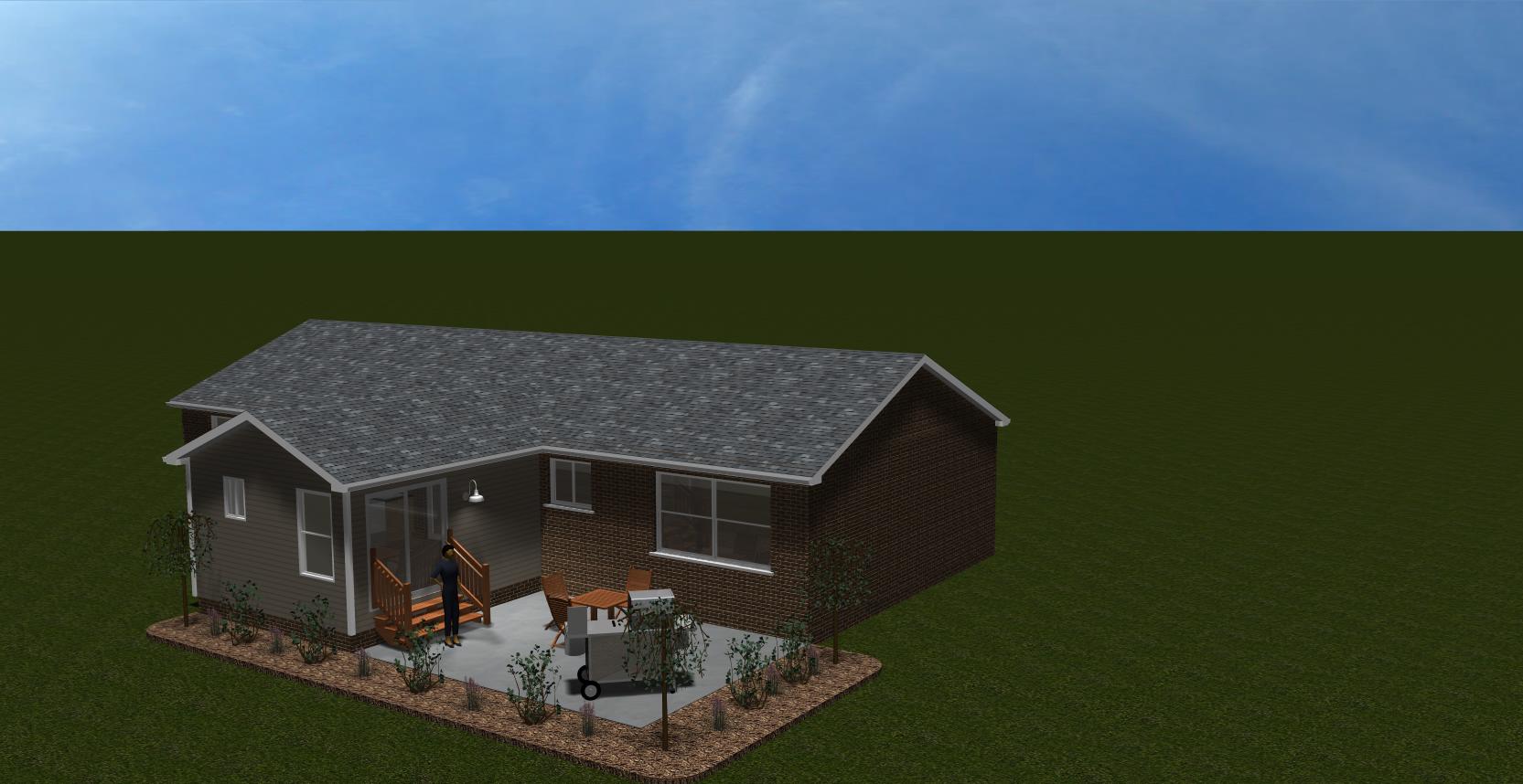 A 3d model of a house with a porch and patio