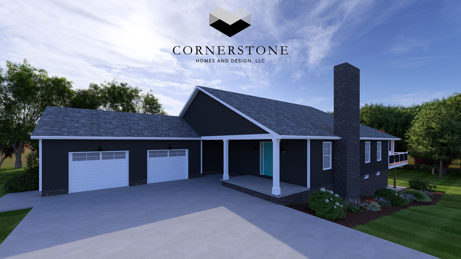 Modern dark-blue farmhouse with three-car garage, white trim, and brick chimney in a landscaped suburban setting
