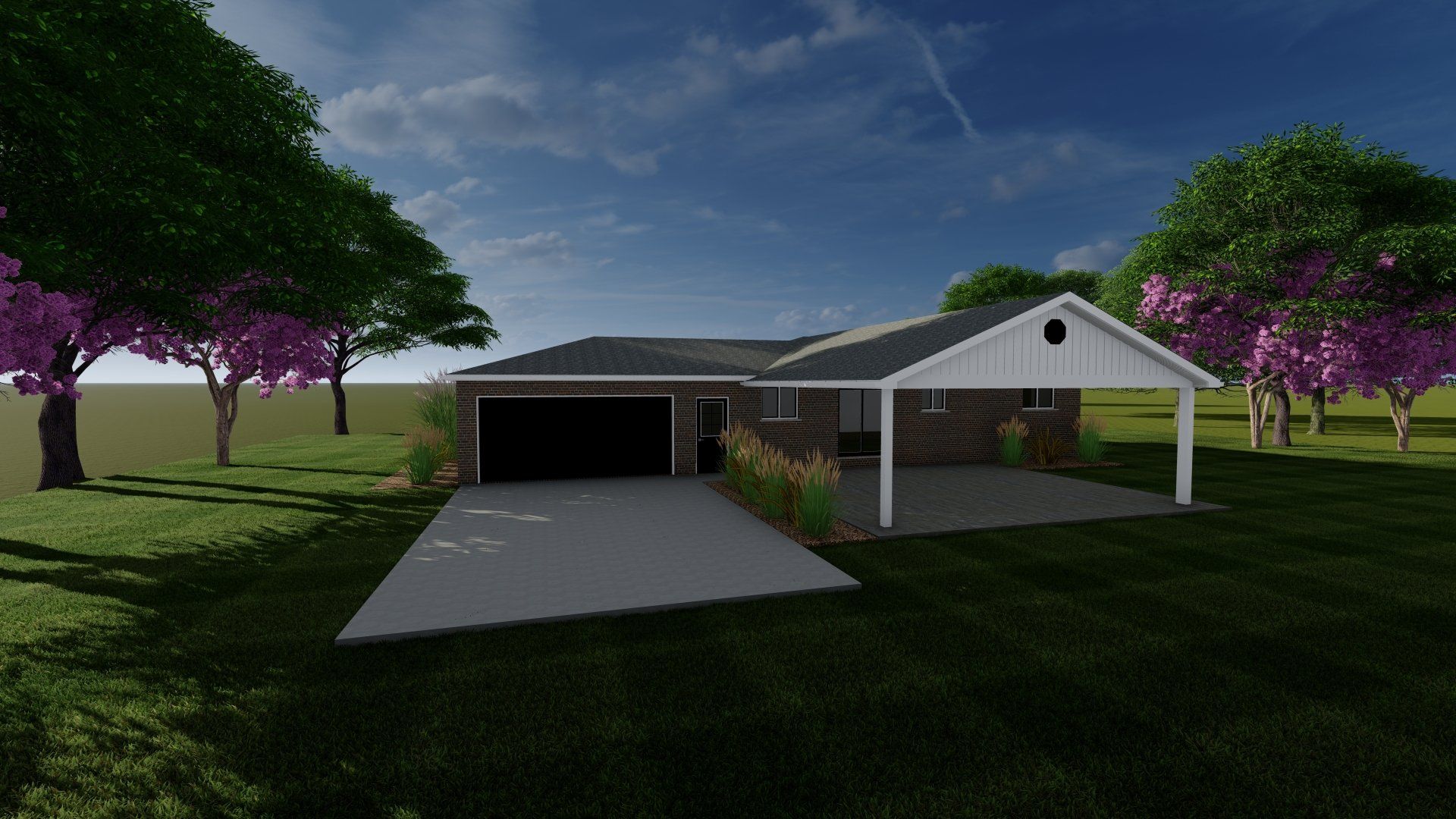 An artist 's impression of a house with a carport and a garage.
