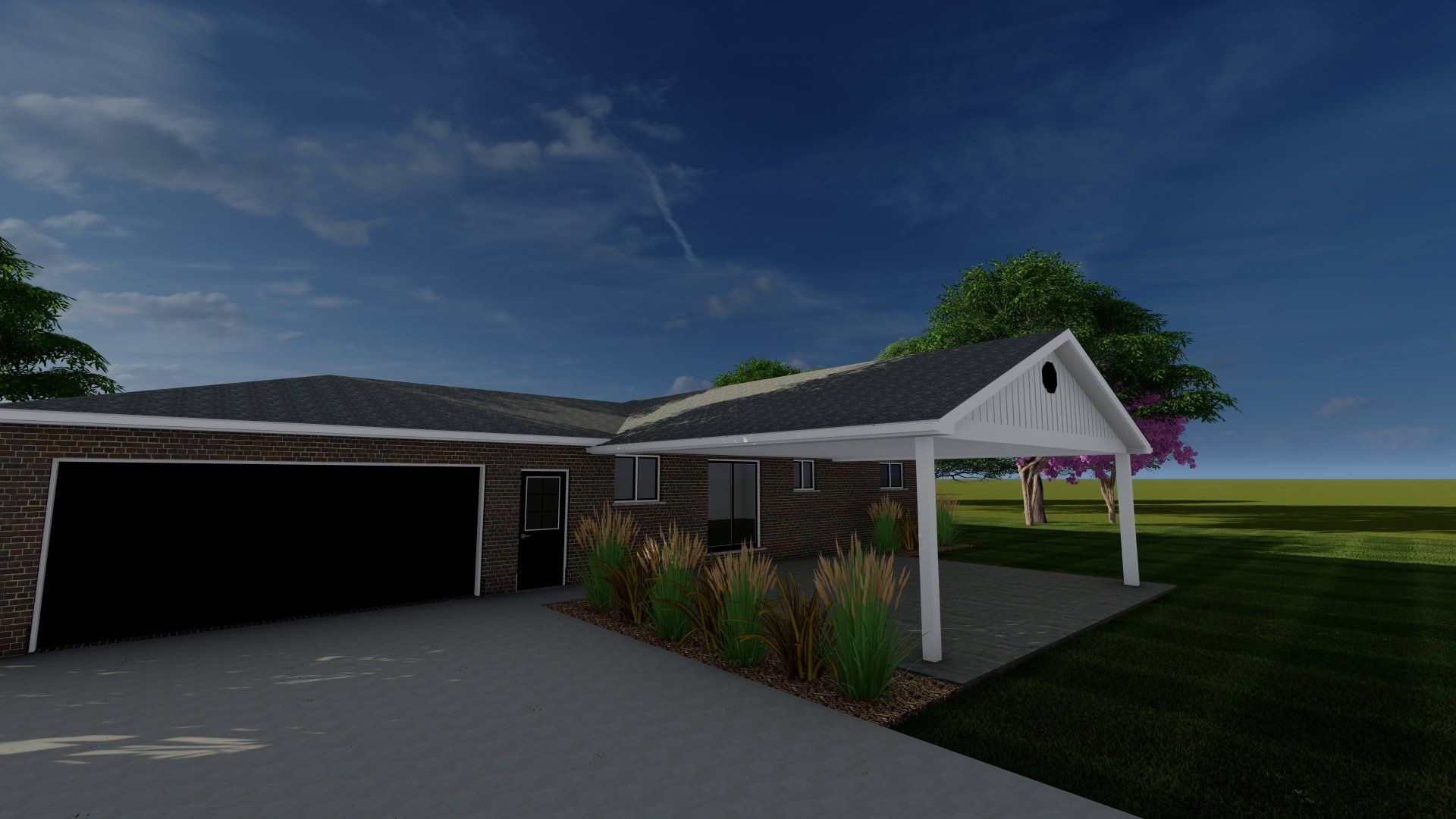A rendering of a house with a garage and a porch.