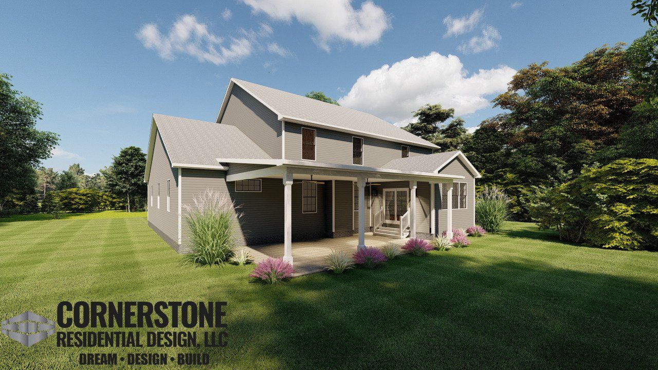 A rendering of a house with a porch and trees in the background.