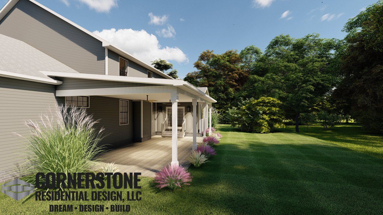 A rendering of a house with a porch and trees in the background.