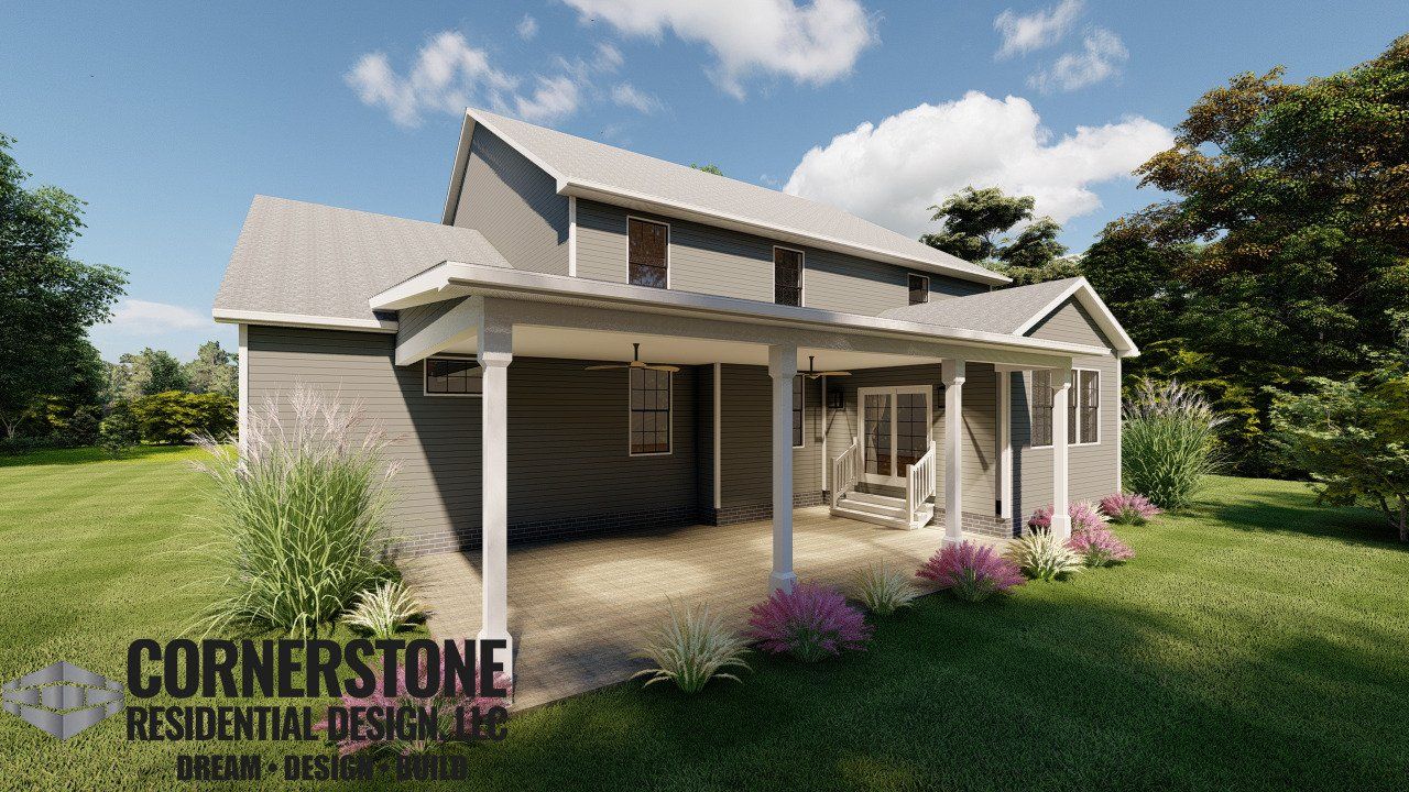 A rendering of a house with a porch and a patio.