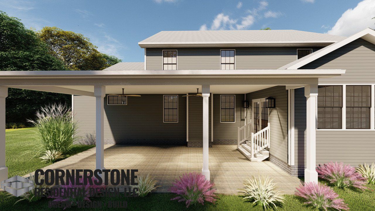 A rendering of a house with a porch and stairs.