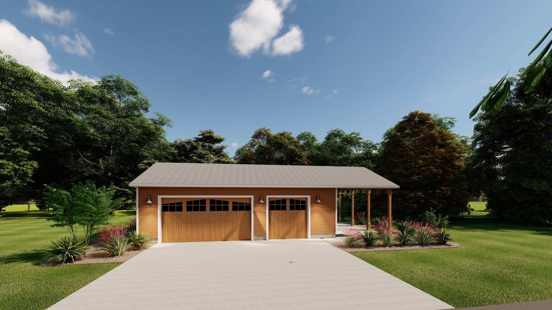 A house with two garage doors and a porch is sitting on top of a lush green field.