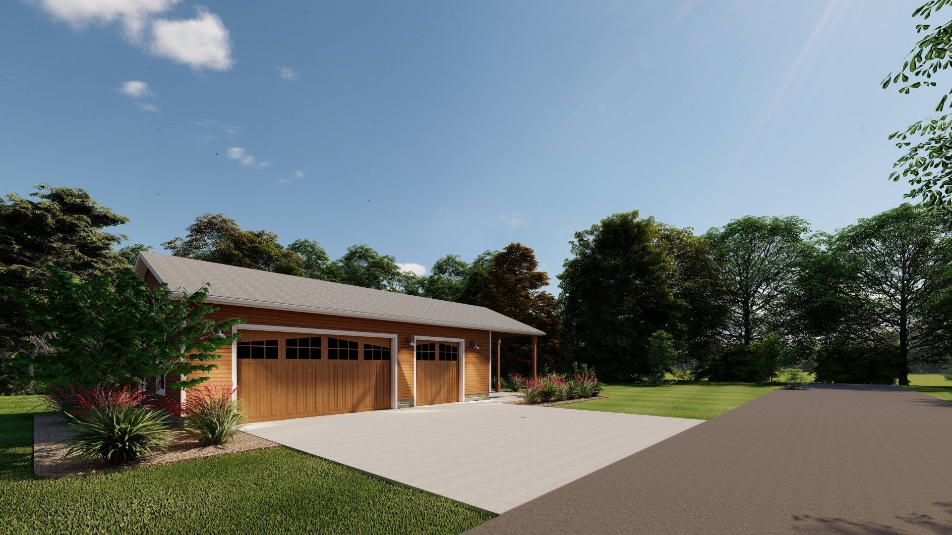 A rendering of a garage with a driveway and trees in the background.