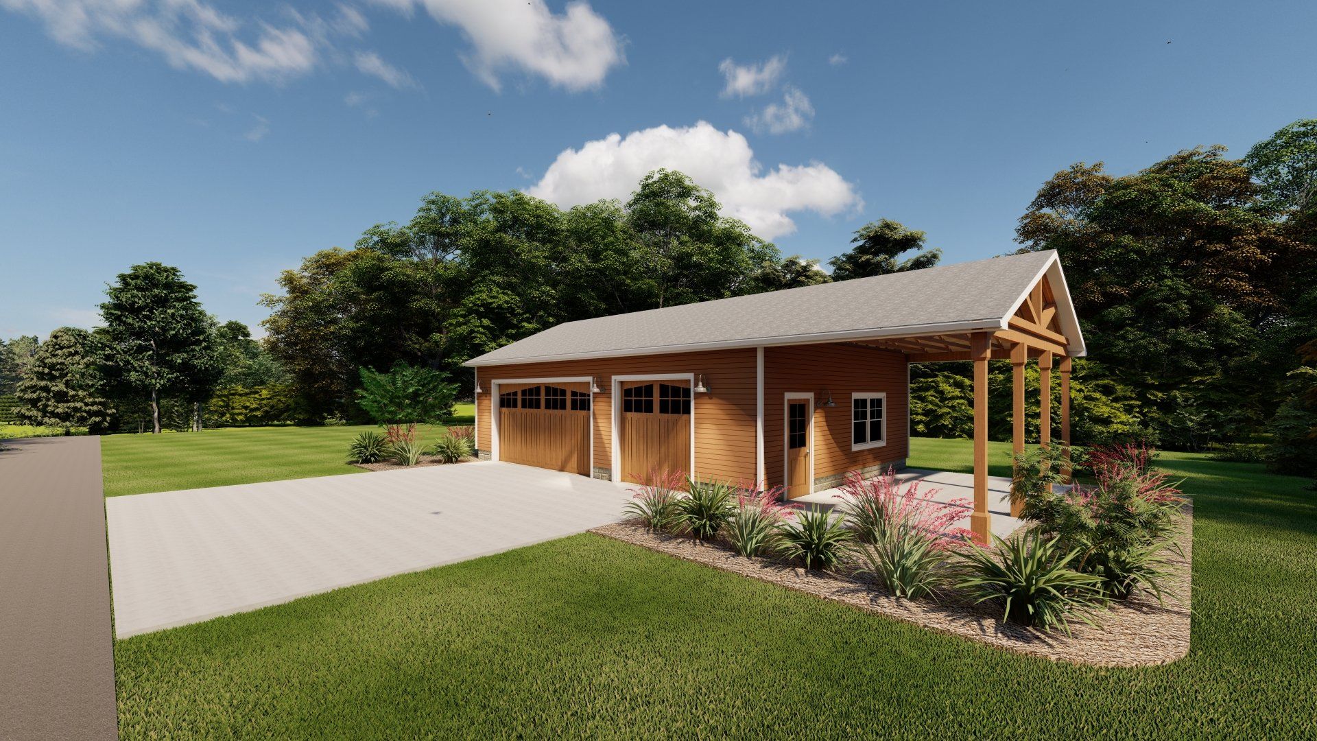 A house with a garage and a porch is sitting on top of a lush green field.