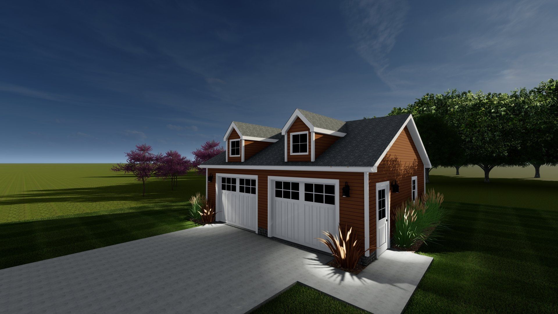 A rendering of a garage with two garage doors