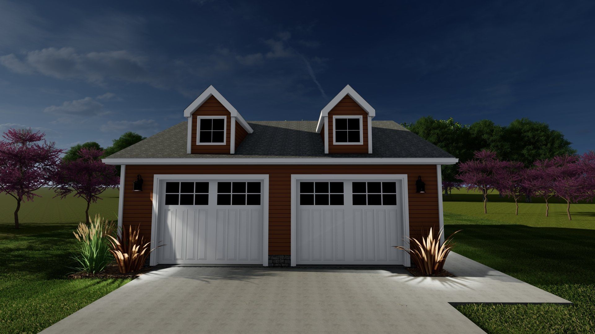 A rendering of a garage with two garage doors and a dormer.