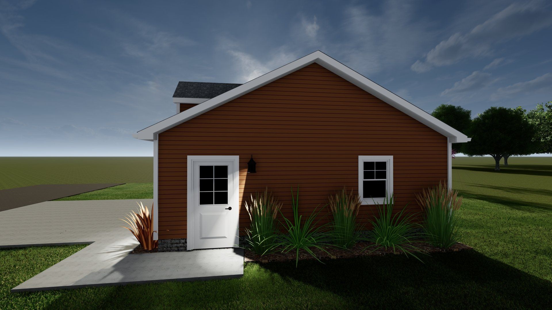 A small brown house with a white door and windows is sitting on top of a lush green field.