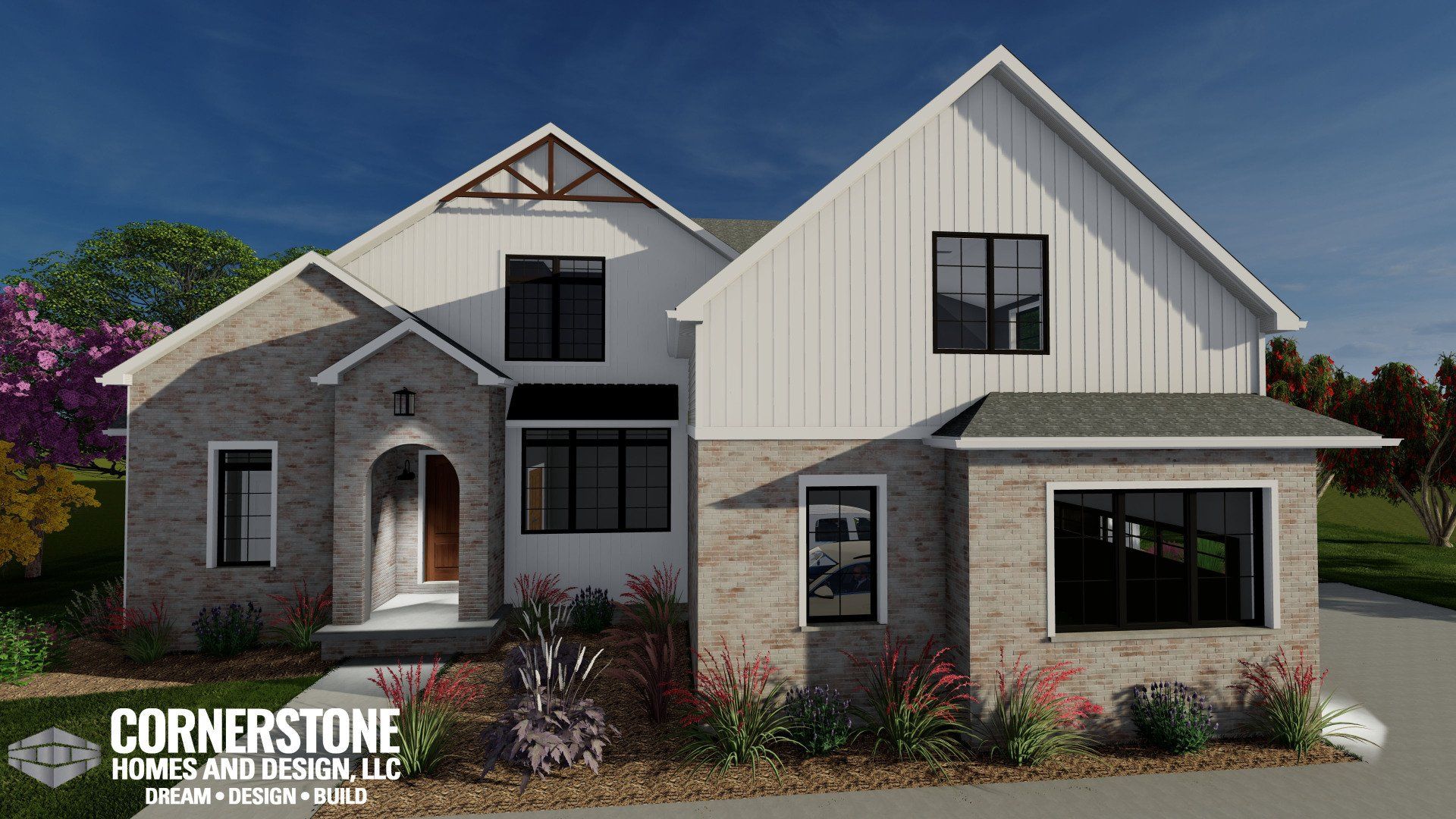 It is a rendering of a house that looks like a farmhouse.