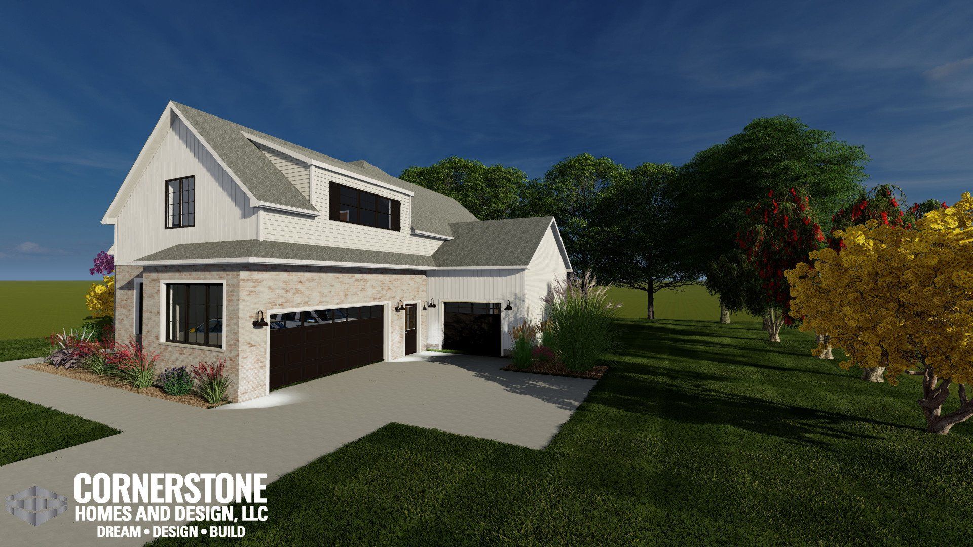 A 3d rendering of a house with a garage and a driveway.