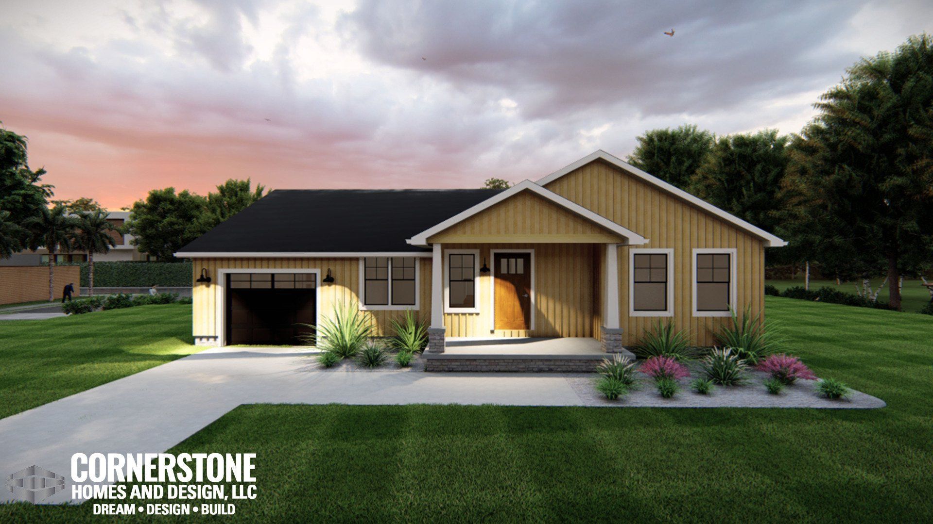 A yellow house with a black roof and a garage