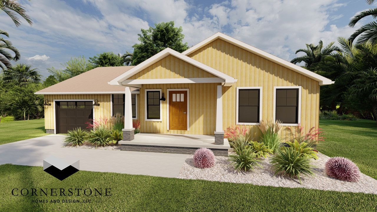 Rendering of a yellow suburban house with a front porch, garage, and landscaped yard under a blue sky