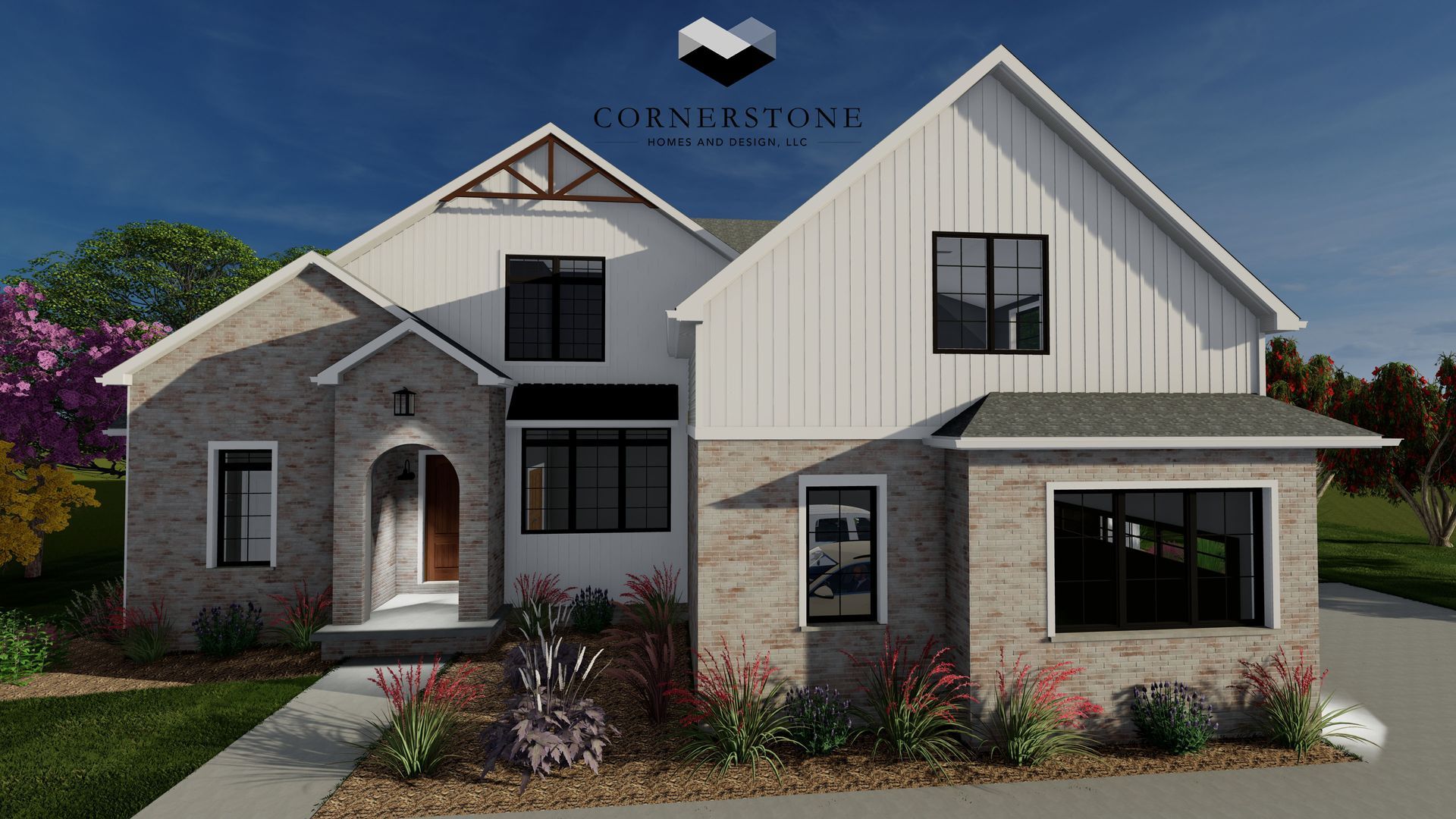Modern two-story house exterior with gray stone, white siding, black windows, and landscaped front yard