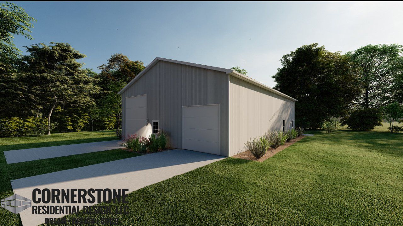 A rendering of a garage with a driveway and trees in the background.