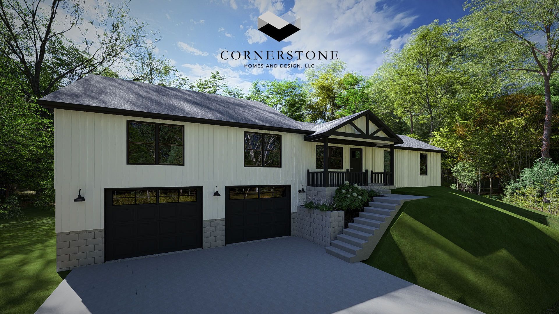 Two-story white house with black garage doors, front steps, and sloped green lawn under trees.