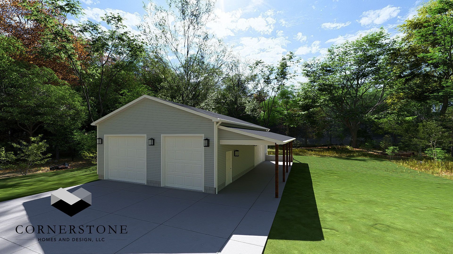 White two-car garage with driveway beside a grassy yard and trees in bright daylight