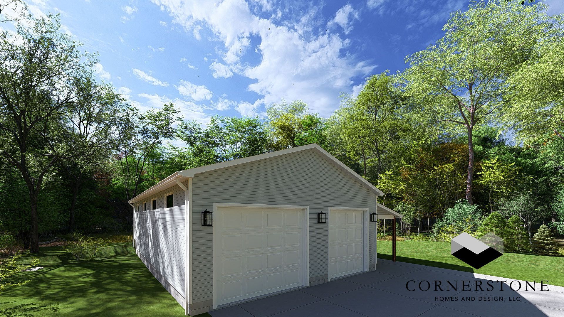 White portable garage tent on a paved driveway beside green trees under a bright blue sky