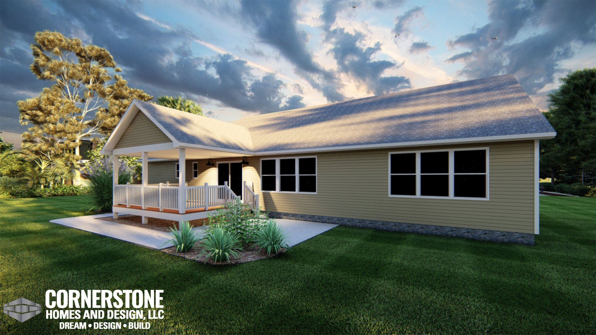 A house with a porch and a lot of windows is sitting on top of a lush green field.