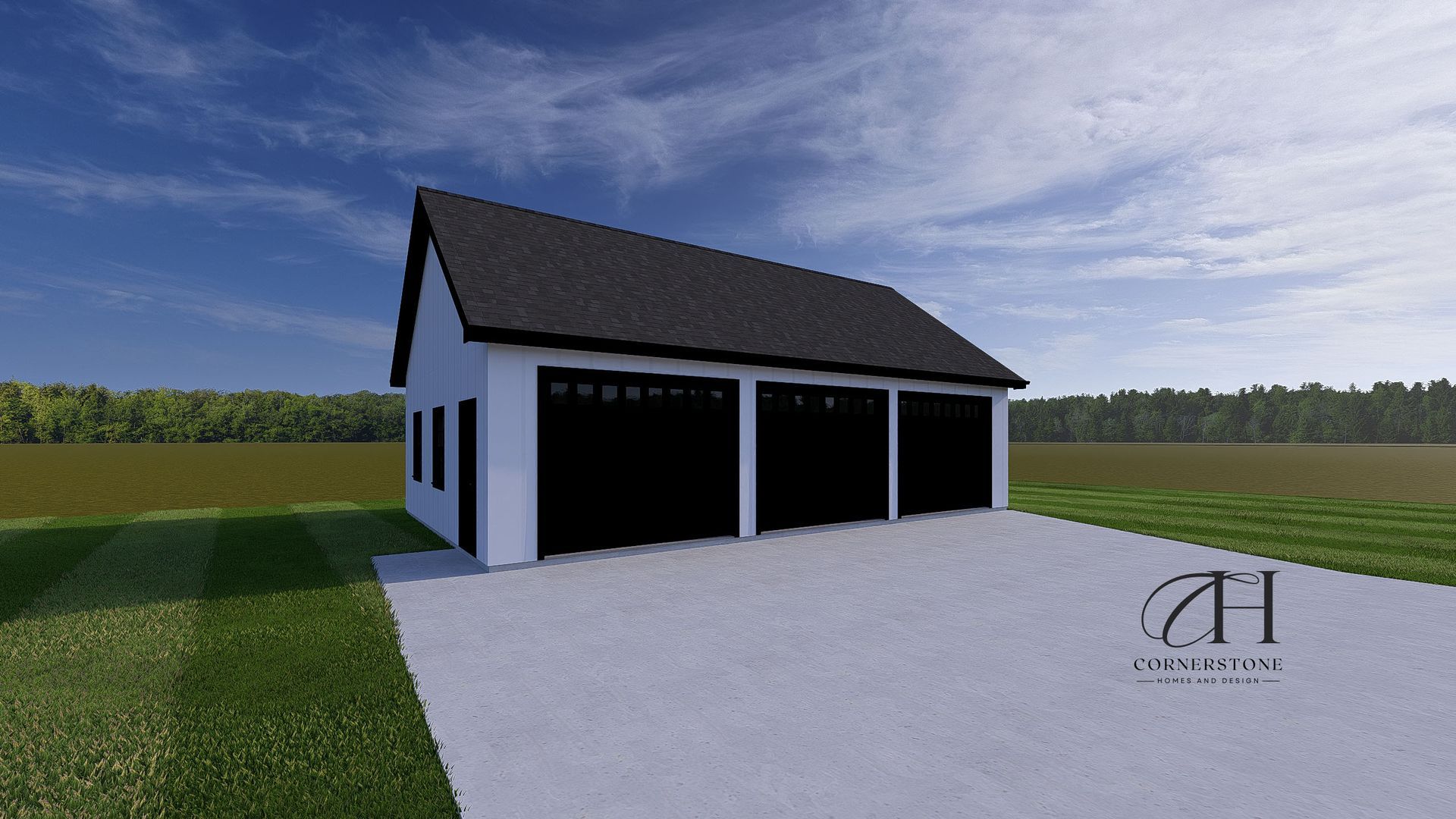 Modern white garage with black roof and open bays beside a wide concrete driveway under a cloudy sky