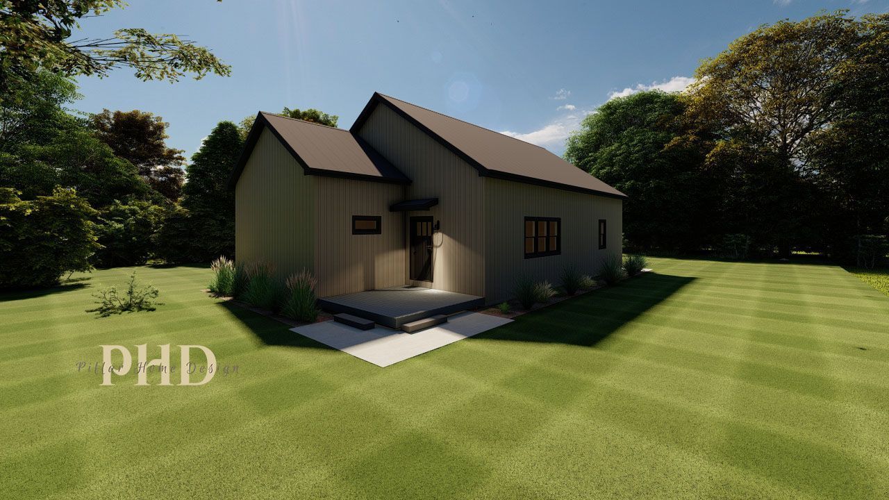 Small tan house with a dark roof on a sunny green lawn surrounded by trees