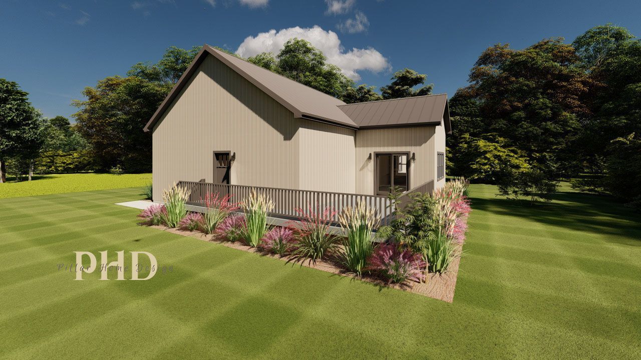 3D rendering of a beige house with a deck, pink flowers, and a green lawn under a blue sky