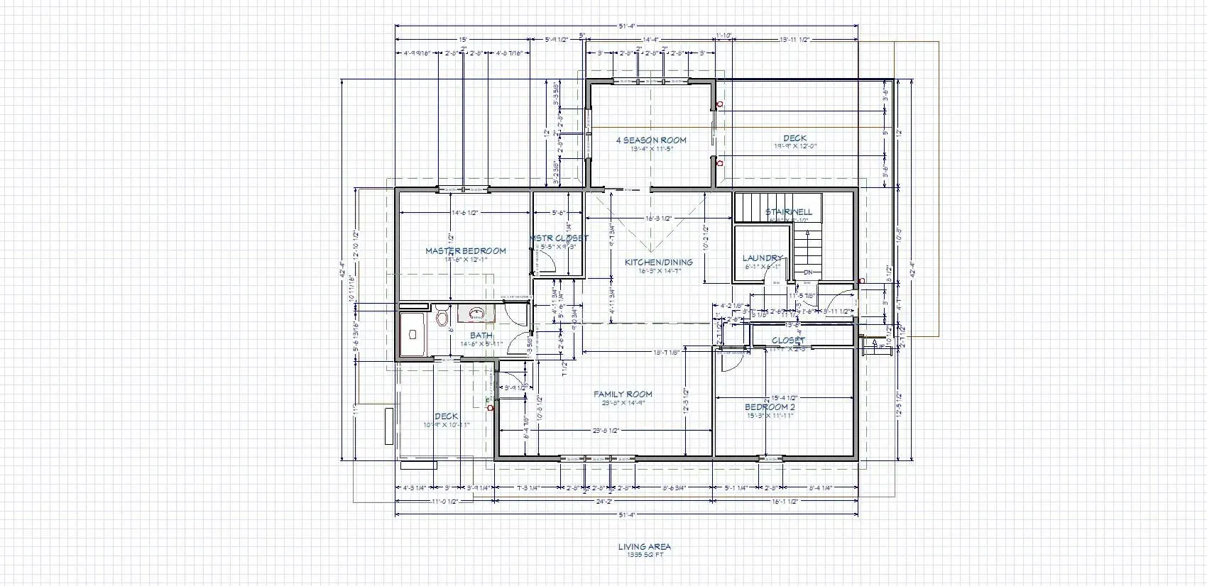 Floor plan blueprint of a house layout with rooms, walls, stairs, and measurements on graph paper