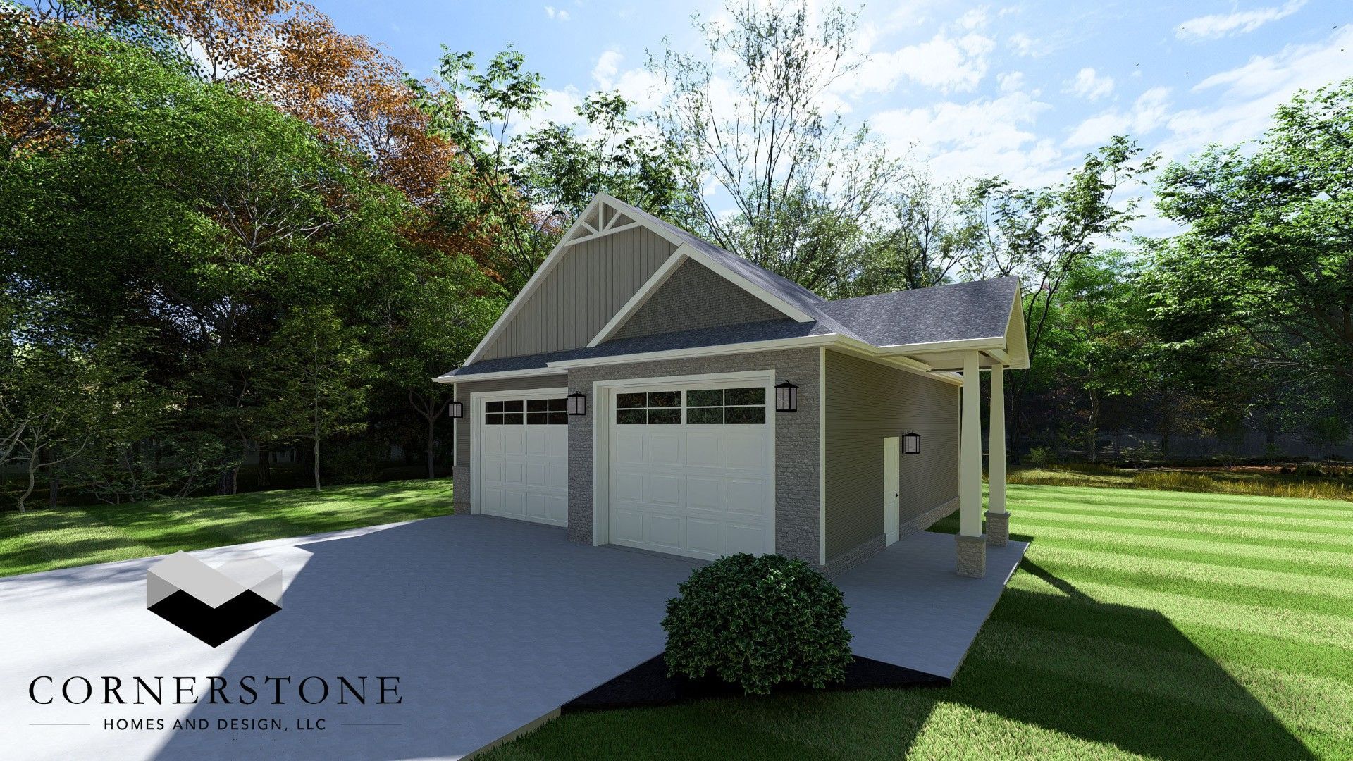Two-car garage with white siding and gray roof in a sunny wooded yard.