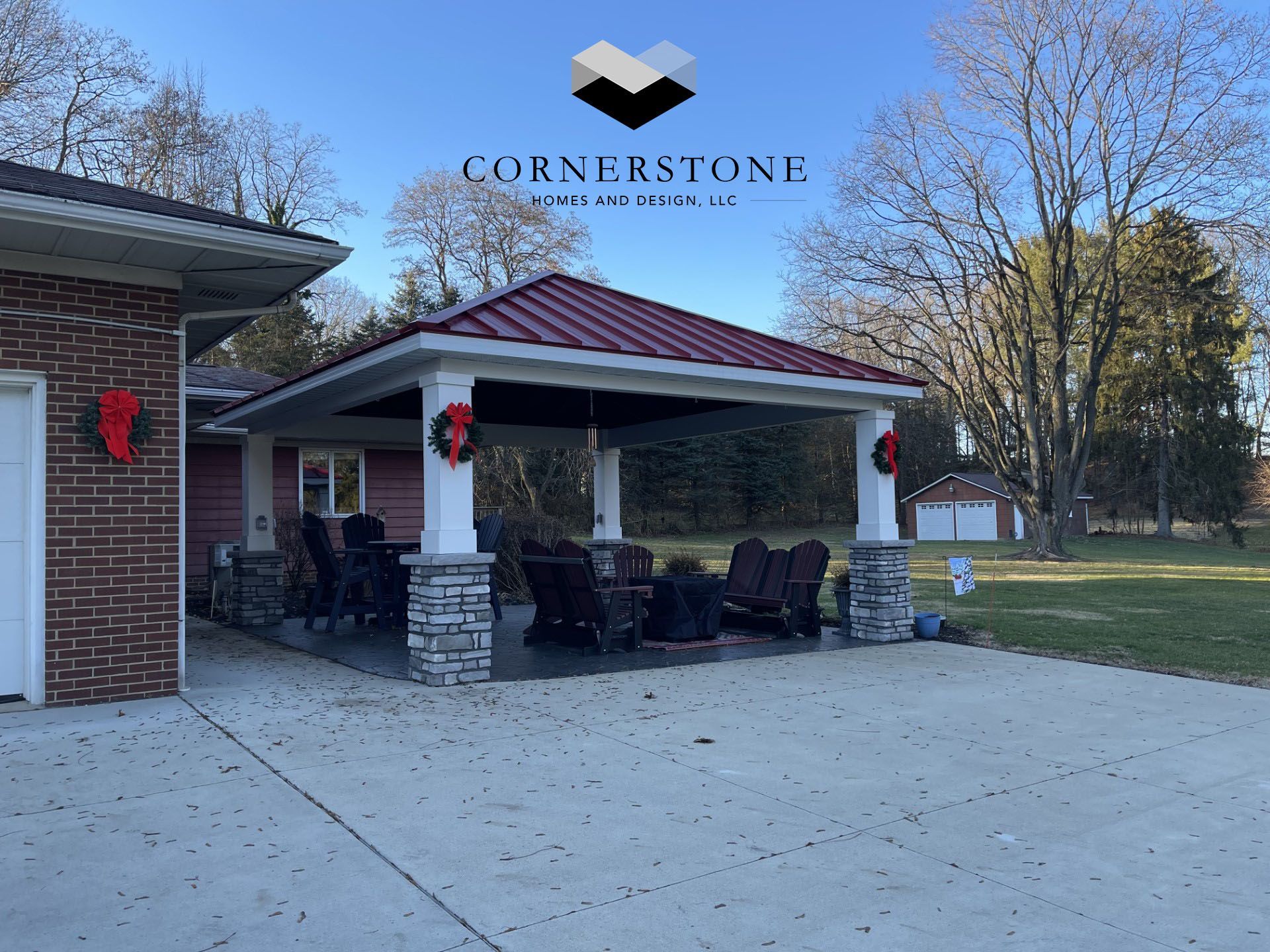 A cornerstone logo is on the side of a house