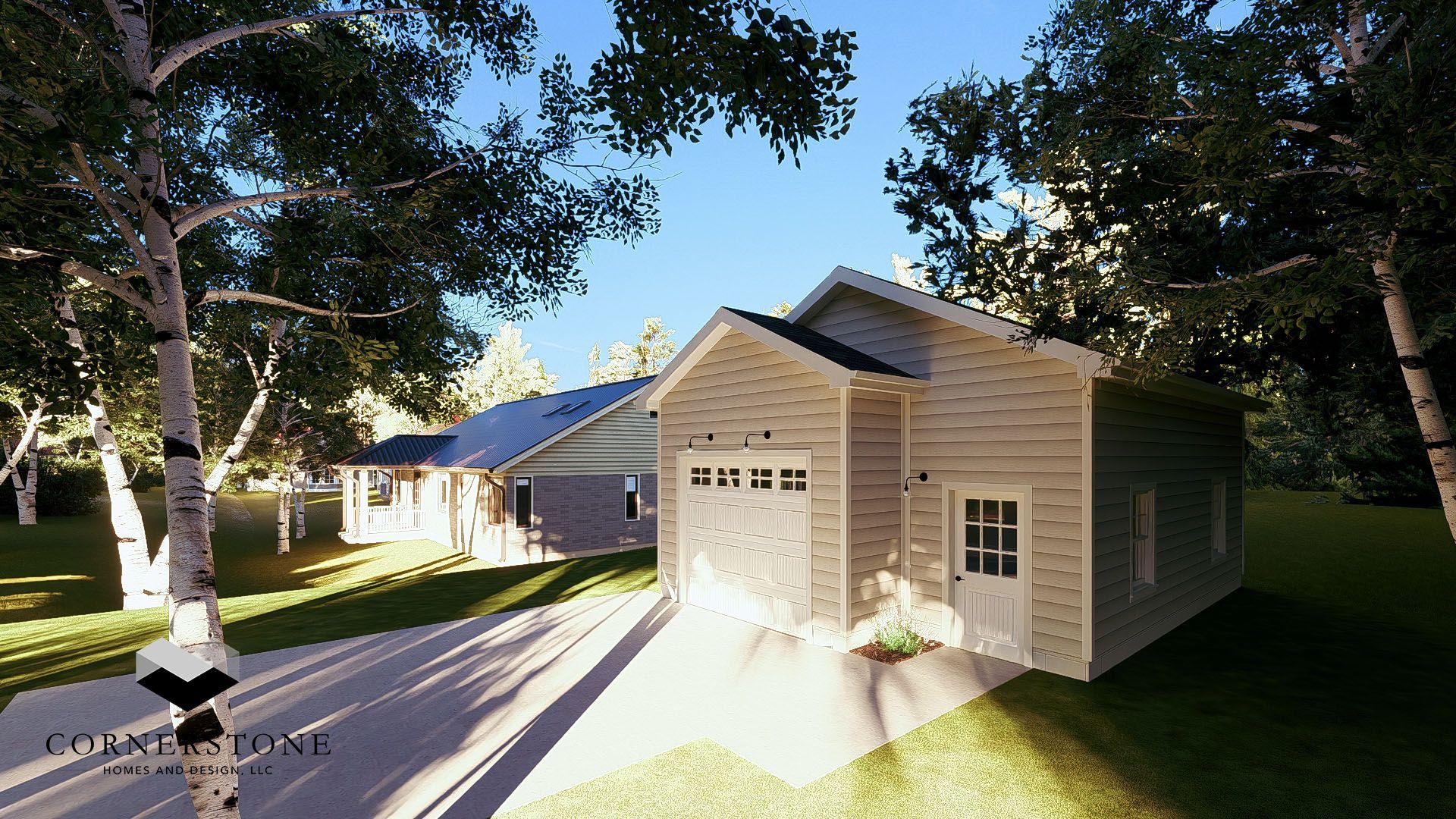 Small beige garage with white trim and open doors in a sunny suburban yard, trees and houses nearby