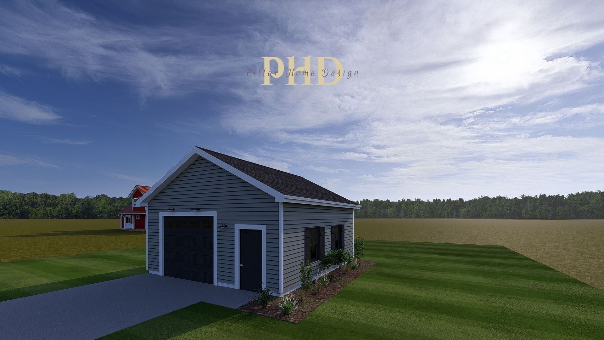 Small gray garage with open door beside a grassy field under a cloudy sky, with