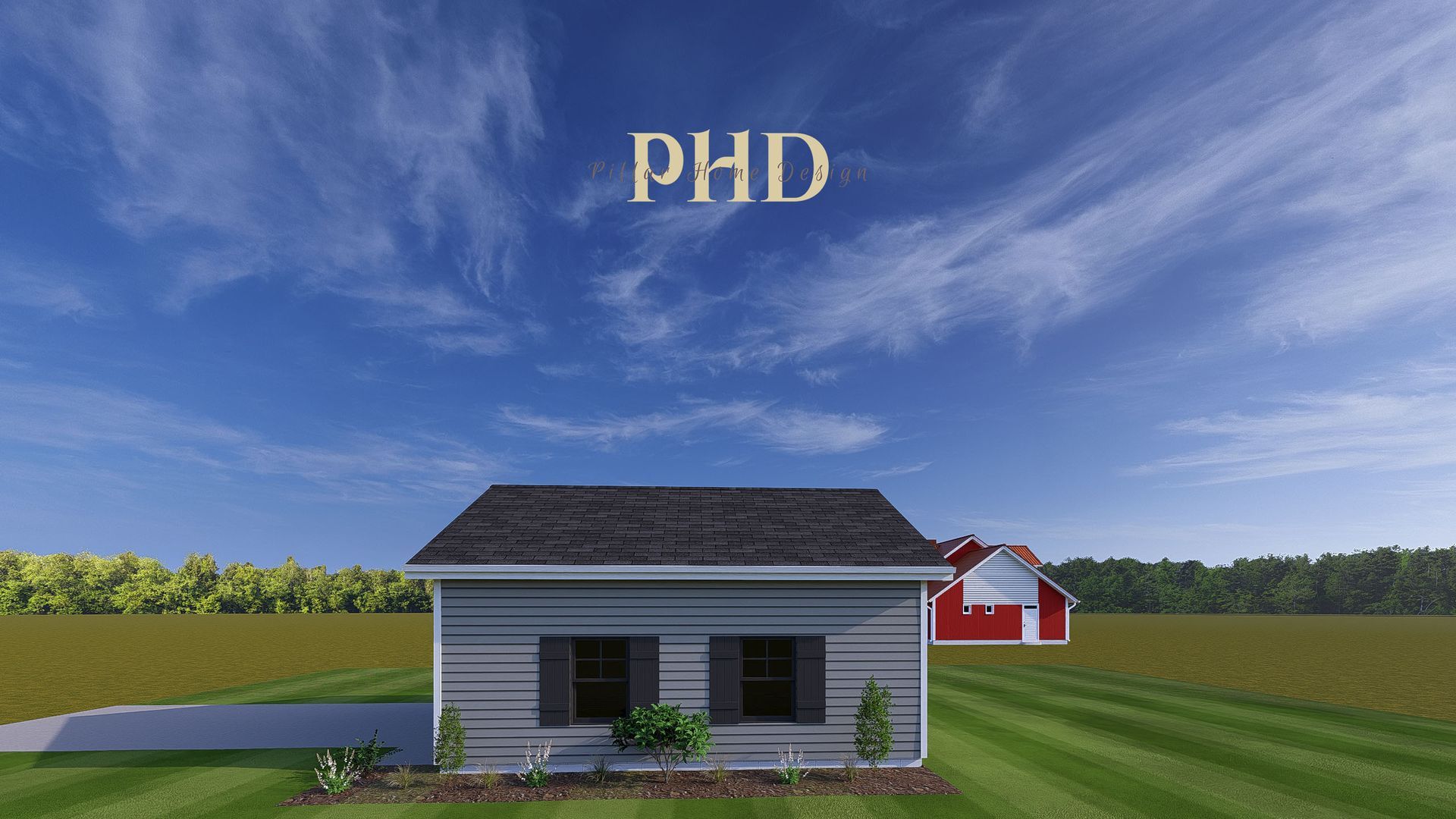 White house in a green field under a blue sky, with a red barn and the text “PHD” above.