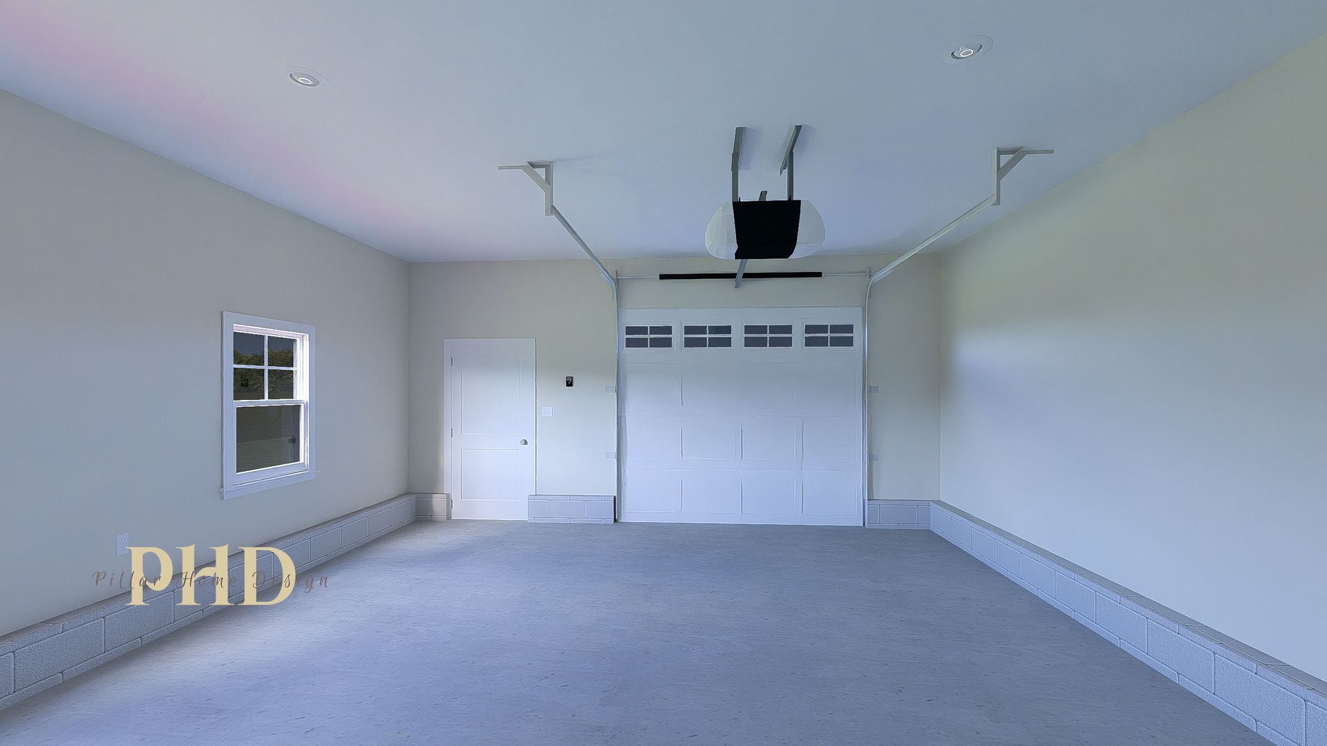 Empty white garage with carpeted floor, overhead door, and side window; black projector mounted on ceiling.