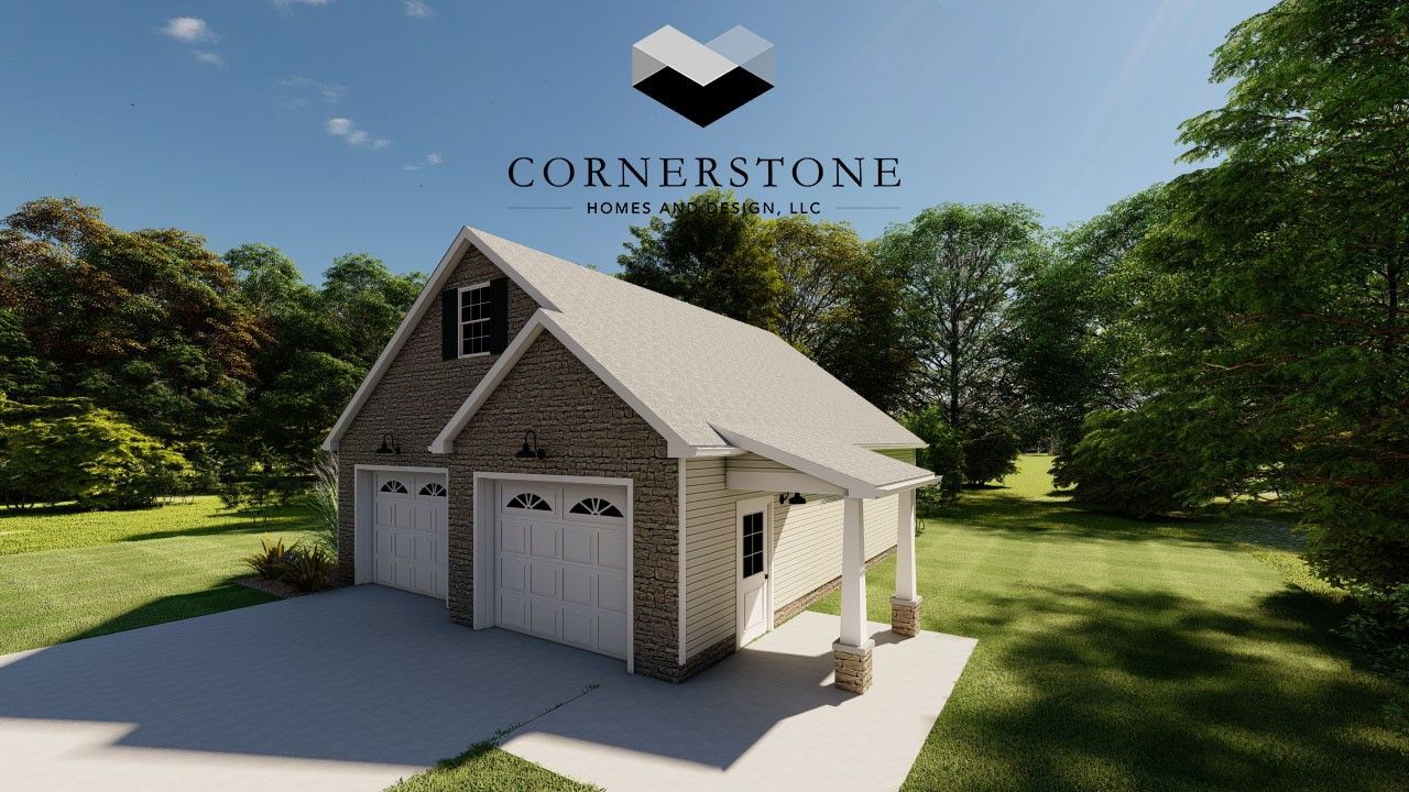 A rendering of a garage with a porch and trees in the background.