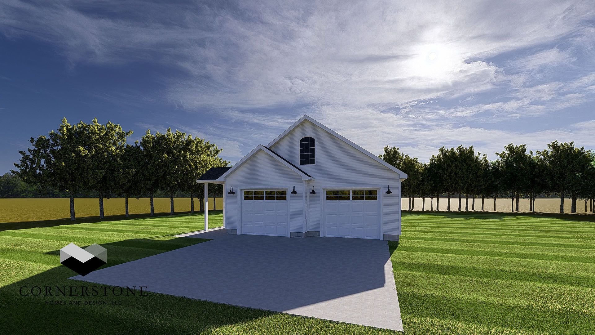 White garage with driveway in a sunny grassy yard, bordered by trees under a bright cloudy sky