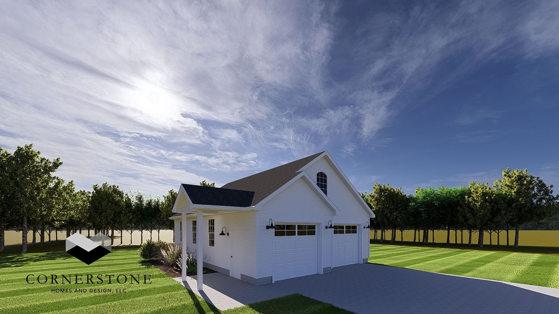White house with dark roof in a grassy yard, under a bright cloudy sky, near a paved driveway.