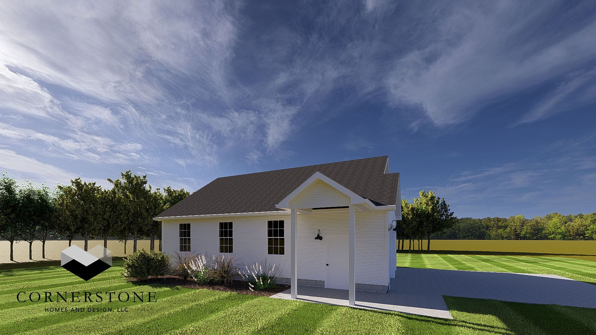Small white house with black roof and porch in a sunny grassy yard under a blue sky